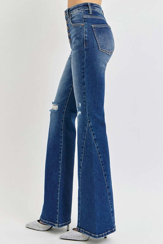 RISEN distressed button-fly flare jeans with a trendy flare silhouette and stylish distressed details, available at 6i6.com