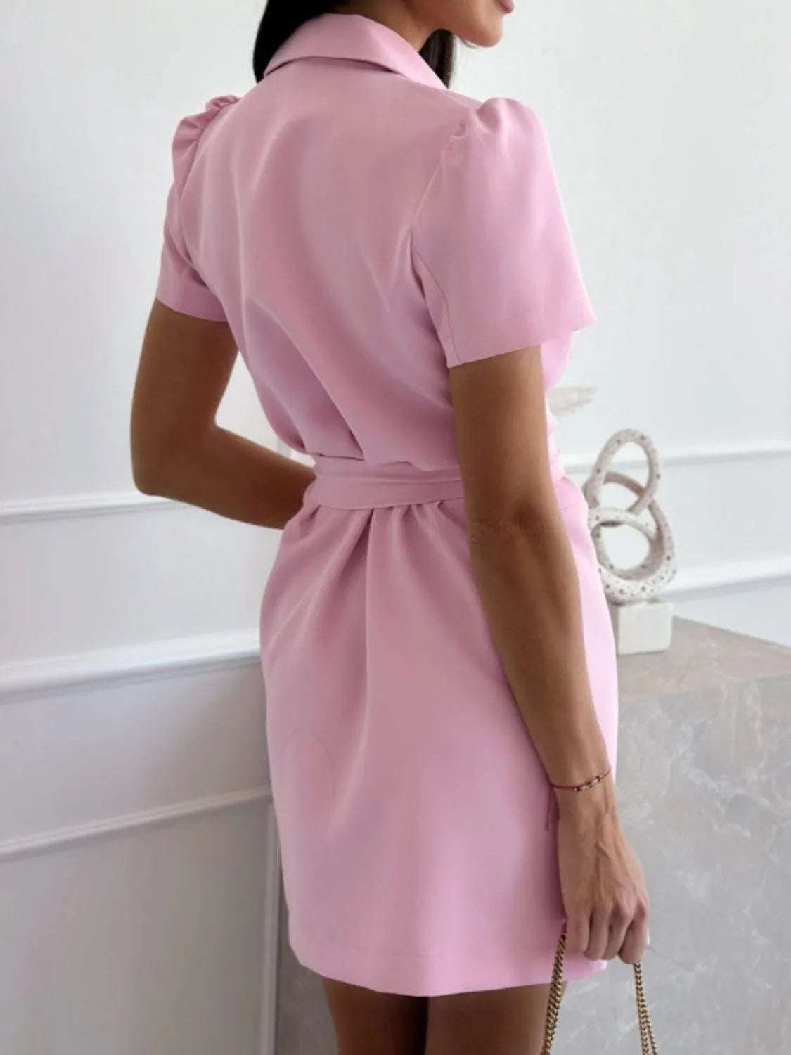 Short Sleeve Tie Waist Mini Dress - 6i6