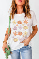 Pumpkin & Flower Round Neck Short Sleeve T-Shirt - 6i6