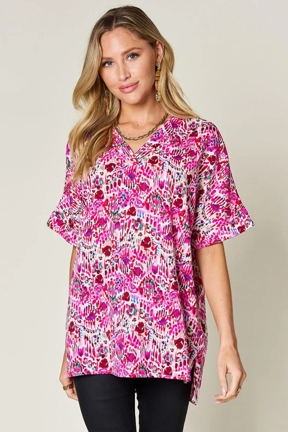 Double Take Full Size Printed V-Neck Short Sleeve Blouse - 6i6