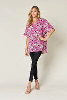 Double Take Full Size Printed V-Neck Short Sleeve Blouse - 6i6