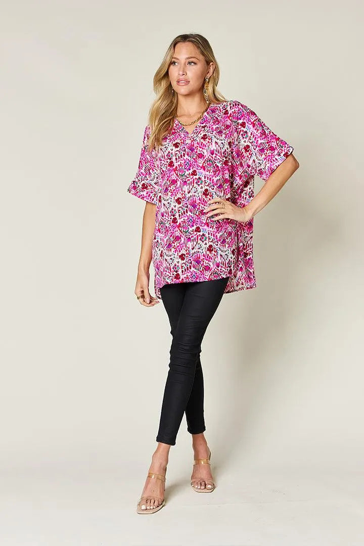 Double Take Full Size Printed V-Neck Short Sleeve Blouse - 6i6