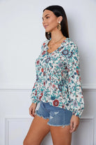 Floral Notched Long Sleeve Blouse - 6i6