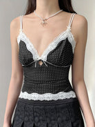 Devine Lace Detail Polka Dot V-Neck Cami for women with delicate lace trim, perfect for stylish summer outfits.