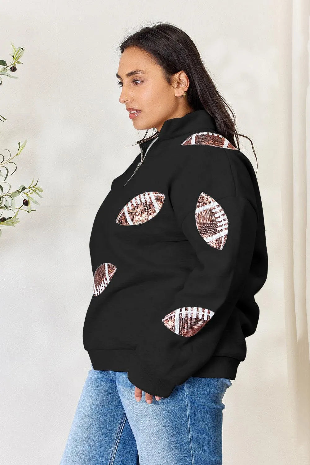 Full Size Sequin Football Half Zip Long Sleeve Sweatshirt - 6i6