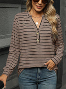 Striped Notched Long Sleeve T-Shirt - 6i6