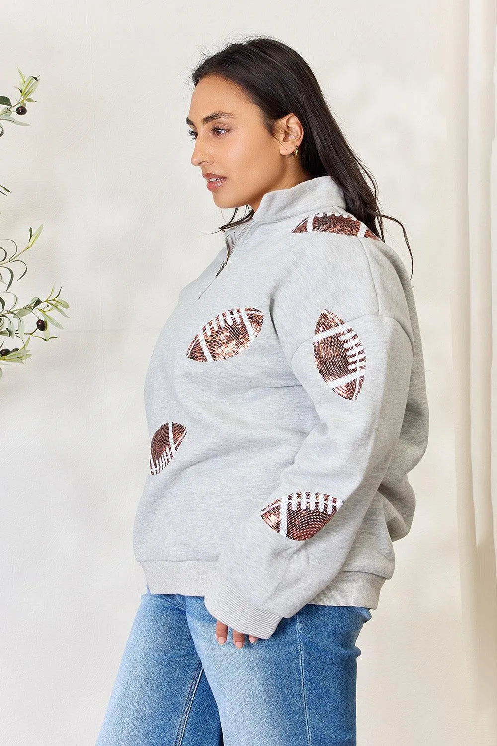 Full Size Sequin Football Half Zip Long Sleeve Sweatshirt - 6i6