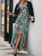 Slit Printed Surplice Long Sleeve Maxi Dress - 6i6