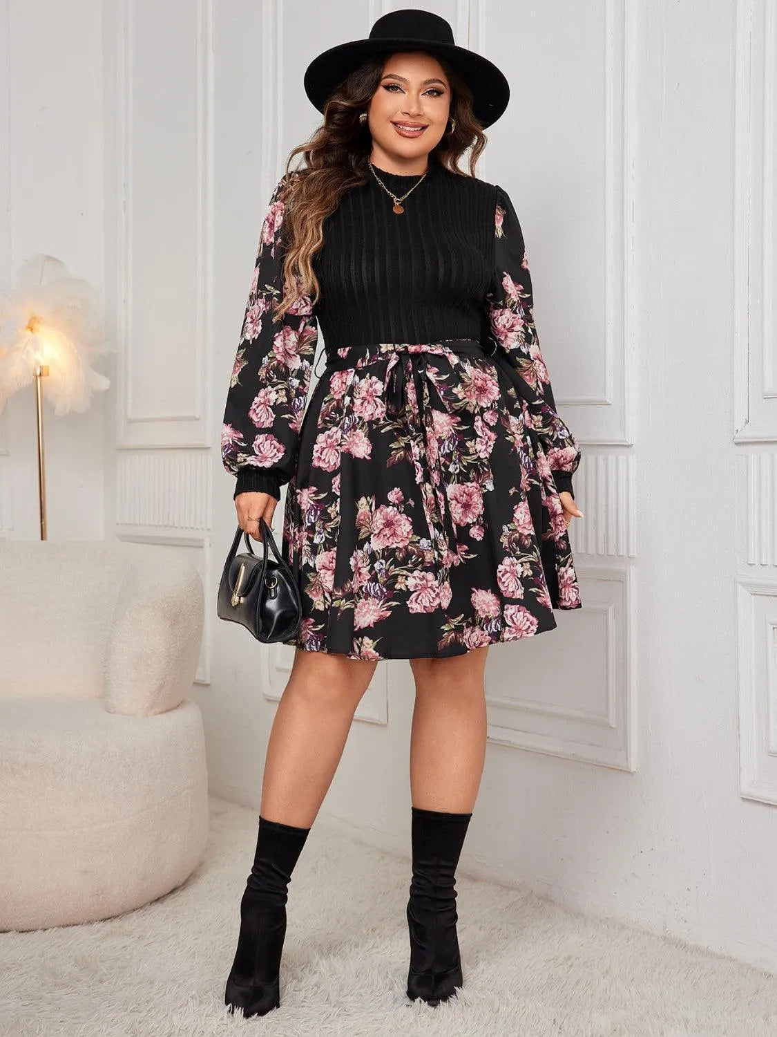 Plus Size Tied Printed Long Sleeve Dress - 6i6