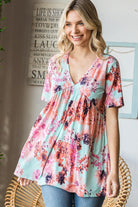 Heimish Full Size Floral V-Neck Short Sleeve Babydoll Blouse - 6i6