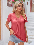 Double Take Ruched V-Neck Short Sleeve T-Shirt - 6i6