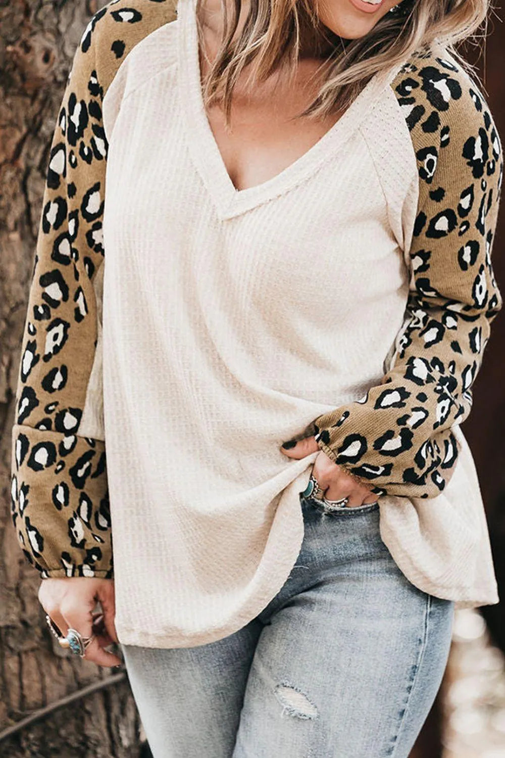 Plus Size Leopard V-Neck Raglan Sleeve Blouse - 6i6