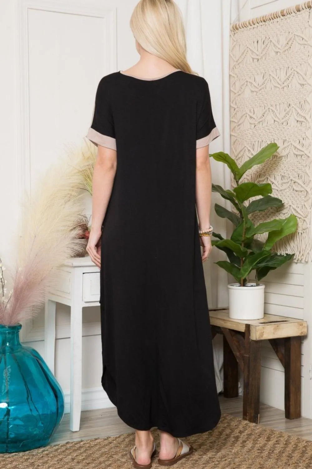 Celeste Full Size Leopard Color Block Short Sleeve Slit Maxi Dress with Pockets - 6i6