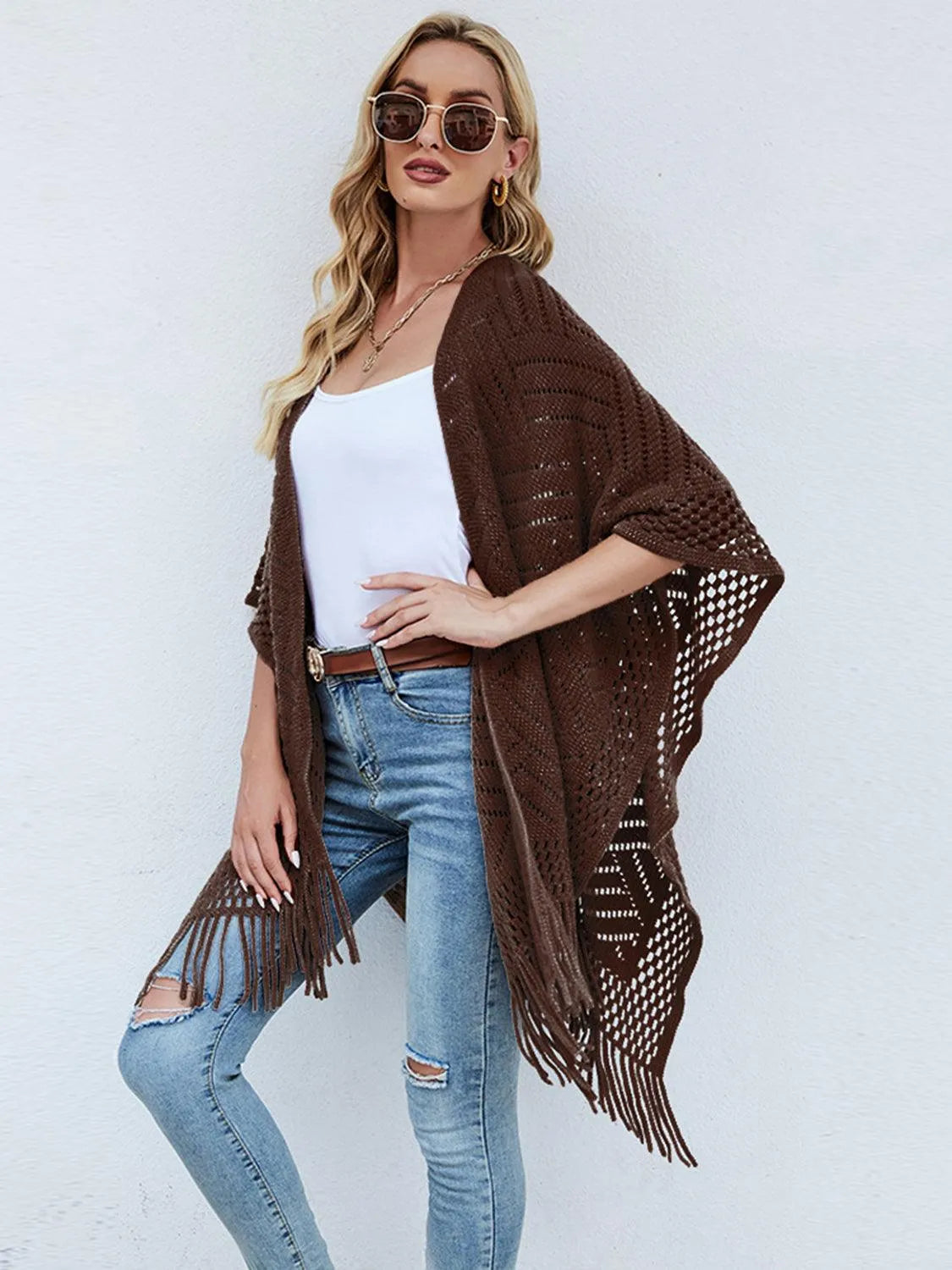 Fringe Hem Open Front Poncho - 6i6