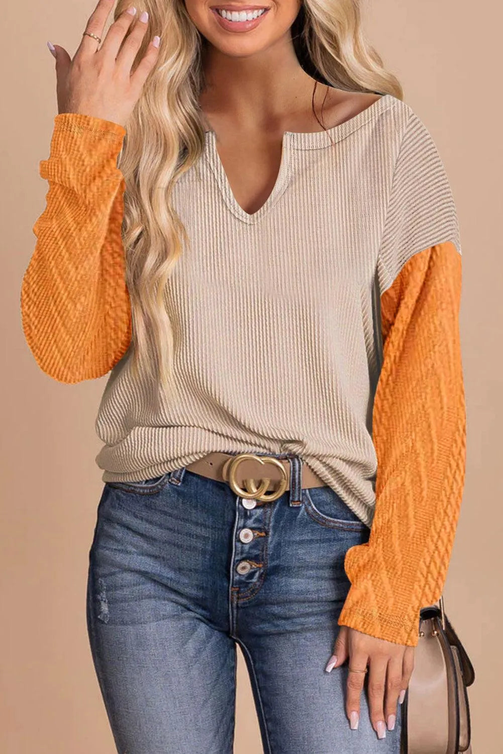 Contrast Notched Long Sleeve Blouse - 6i6