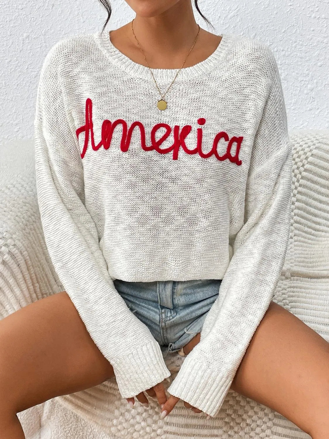 Letter Round Neck Long Sleeve Sweater - 6i6