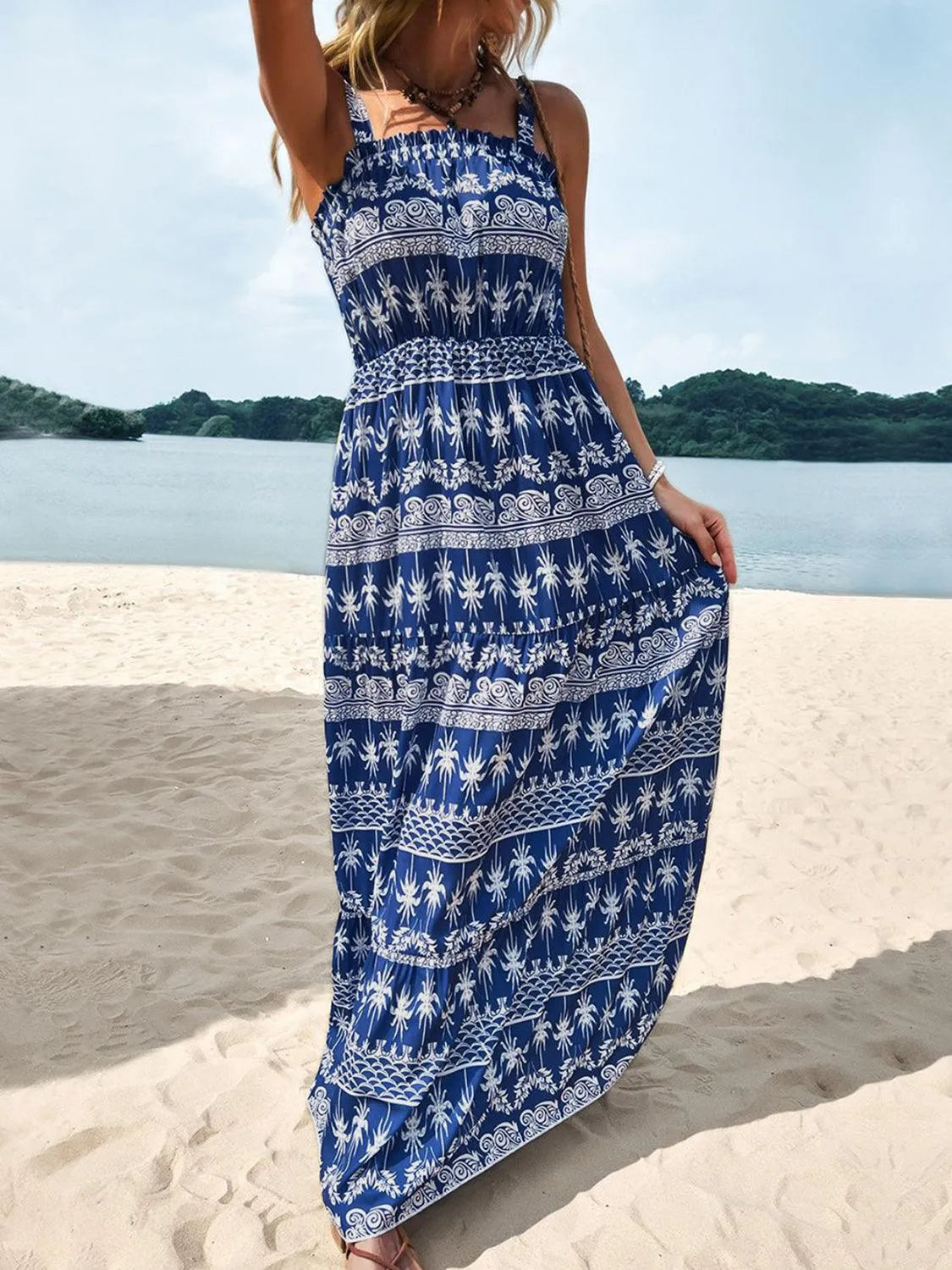 Printed Square Neck Sleeveless Maxi Dress - 6i6