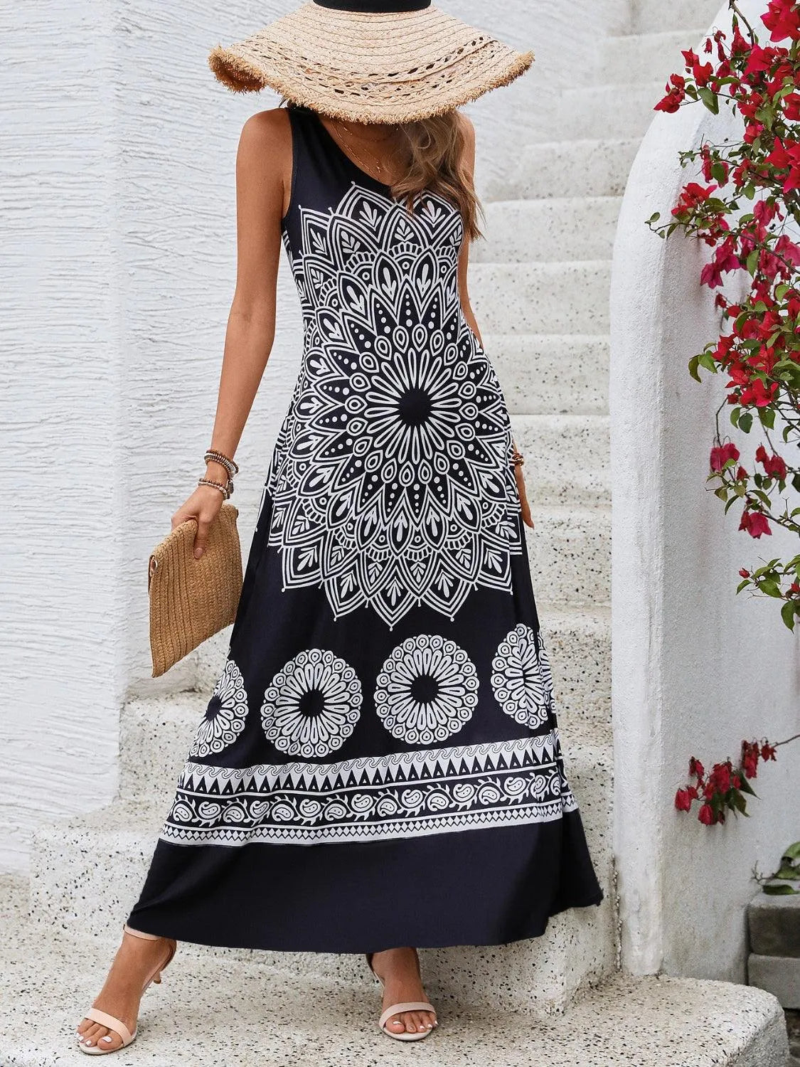 Printed Round Neck Sleeveless Dress - 6i6